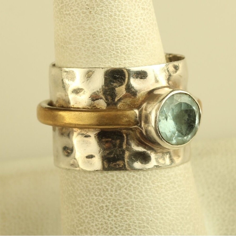 Topaz gem stone aquamarine hammered silver and brass ring